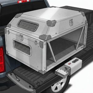 Detailed illustration of an aluminum dog box for a truck, highlighting its lightweight and robust construction.