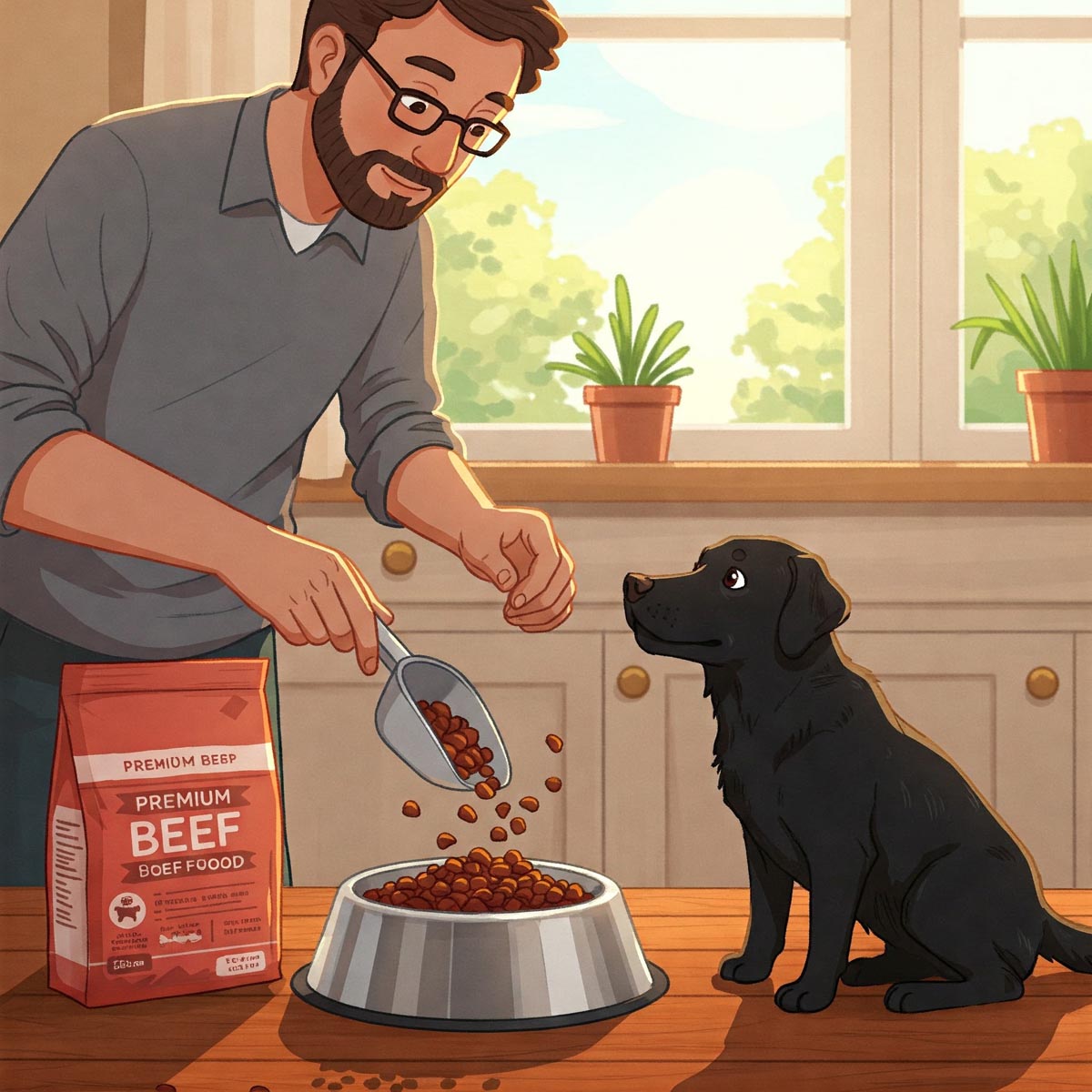 Animated illustration showing a dog owner using a scoop to measure and serve beef dog food into a bowl