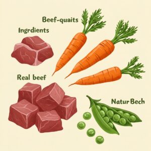Illustration showing key ingredients in beef dog food, such as real beef, carrots, and peas.