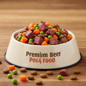 Close-up of a nutritious bowl of premium beef dog food with visible meat chunks and vegetables.