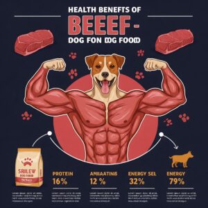 Infographic illustrating the health benefits of beef dog food for dogs, such as muscle growth and energy.