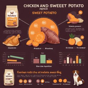 Infographic showing the health benefits of chicken and sweet potato in dog food.