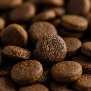 A close-up view of Black Gold dog food kibble, highlighting its rich color and texture, representing premium nutrition for your dog.