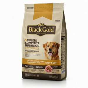 A bag of Black Gold dog food, clearly displaying the brand logo and product name, ready to provide complete and balanced nutrition.