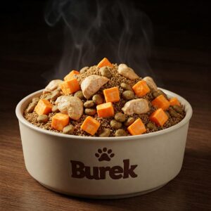 Bowl of nutritious chicken and sweet potato dog food, a healthy meal for your canine companion.