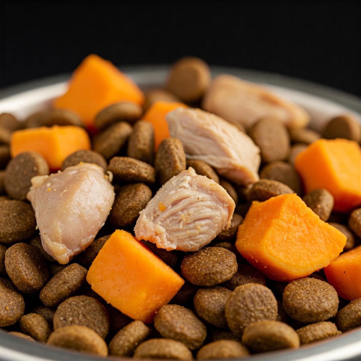 Dry dog food with real chicken and sweet potato chunks, highlighting the ingredients.