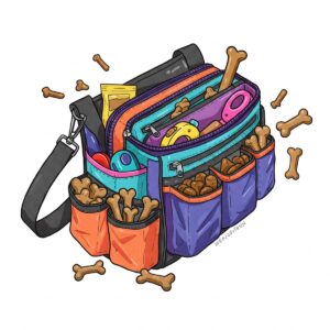 Illustration of a vibrant, colorful dog training pouch with multiple compartments for treats and accessories.