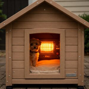 A small dog in a cozy kennel equipped with a wall-mounted heater glowing orange, creating a warm and safe space. 