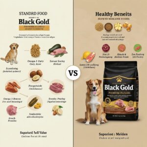 Visual comparison illustrating the superior nutritional value of Black Gold dog food compared to a standard option, emphasizing health benefits.