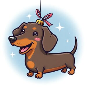 Adorable cartoon drawing of a dachshund ornament with a playful expression.