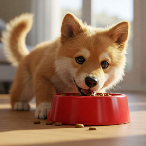 Adorable Shiba Inu puppy with fluffy fur happily eating kibble from a bright red bowl on a wooden floor.