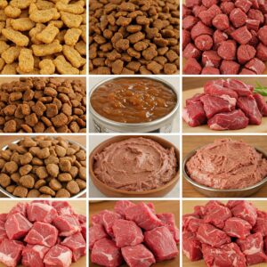 Collage of different types of beef dog food, including kibble, wet food, and raw options.