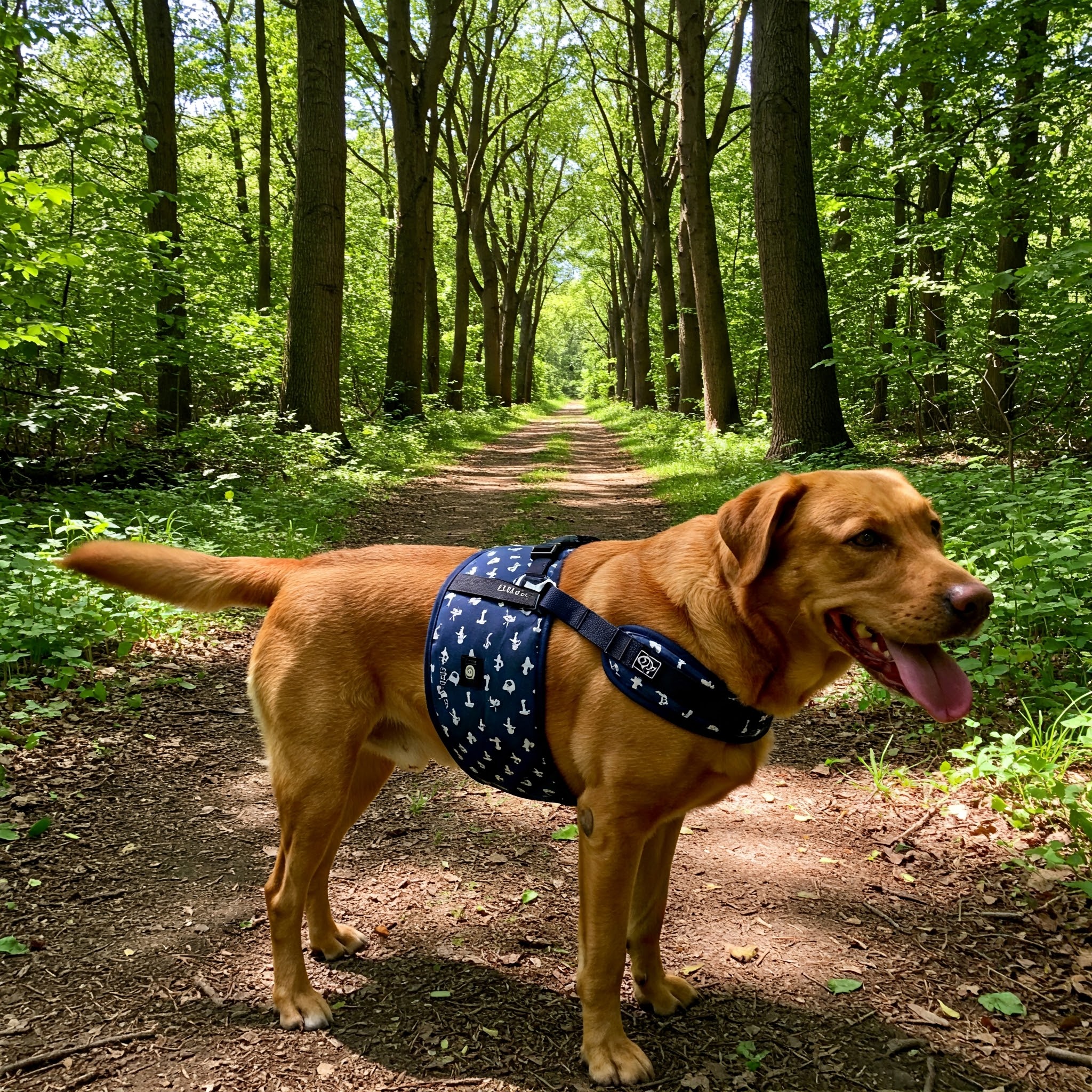 A dog wearing a blue dog belly band with white patterns, walking on a wooded forest path.
