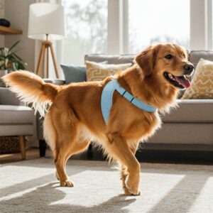 A golden retriever standing in a bright living room, wearing a light blue dog belly band.