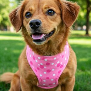A small brown dog wearing a pink polka-dotted dog belly band, sitting on grass in a park.