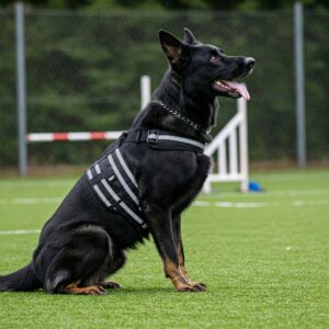 A black German Shepherd in a black and gray dog belly band sitting on a green training field.