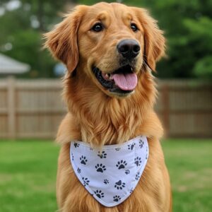 A happy golden retriever wearing a white dog belly band with black paw prints, standing in a backyard.