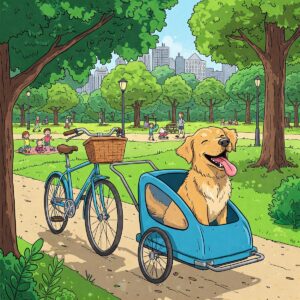  Cartoon-style illustration of a dog being pulled in a bike trailer through a city park.