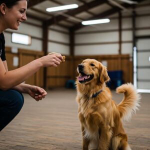 Happy dog receiving positive reinforcement during board and train program.
