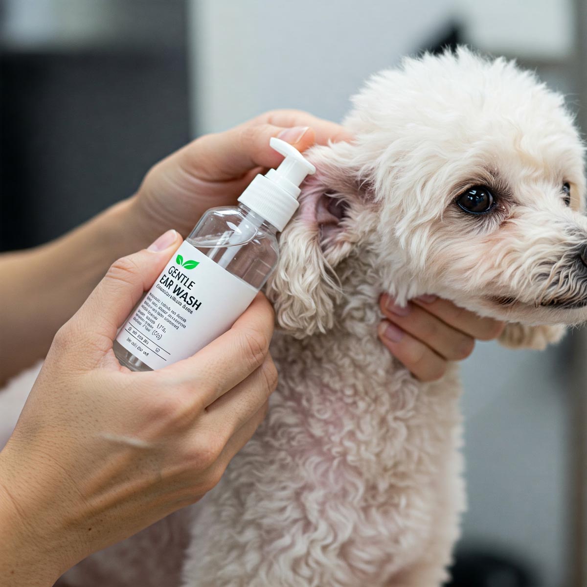 Close-up of a gentle ear wash being applied to a dog's ear for effective cleaning. ear wash for dogs