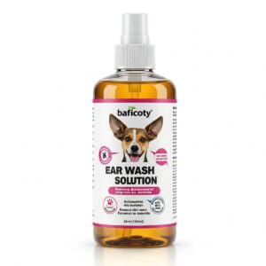 Bottle of safe and effective ear wash solution for maintaining healthy dog ears.
