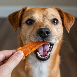 Small dog happily eating an orange freeze-dried treat from its owner's hand. 