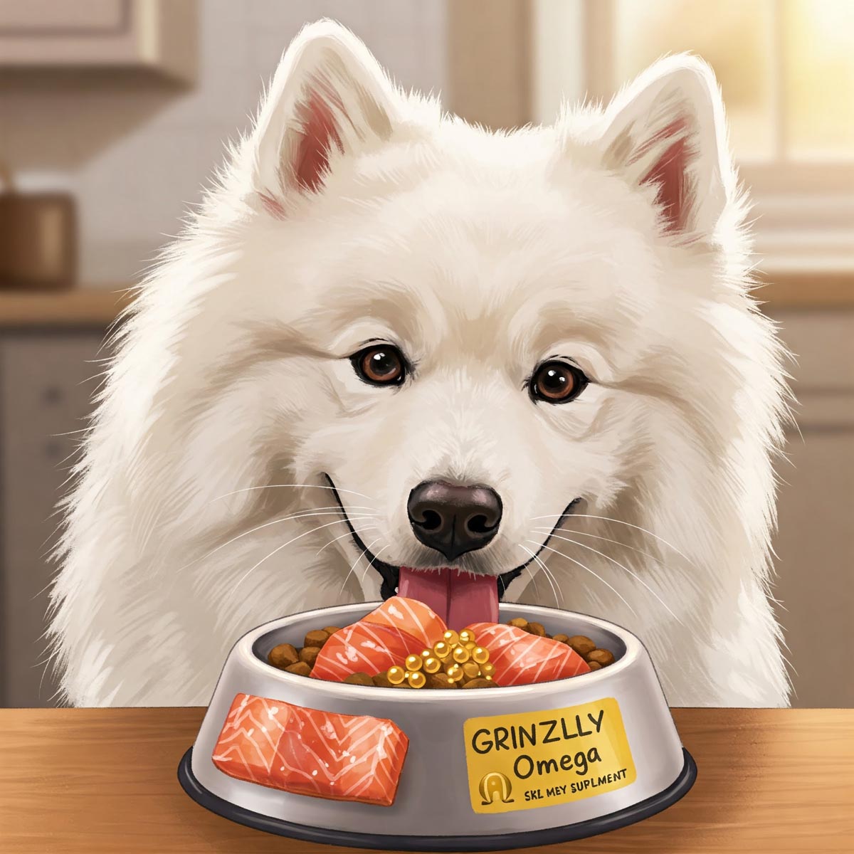 Illustration of a dog eagerly eating its food with the added grizzly salmon and omega supplement.