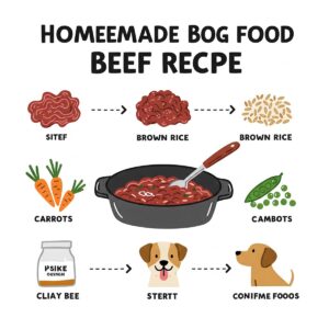 Simple graphic depicting a recipe concept for homemade beef dog food with basic ingredients.