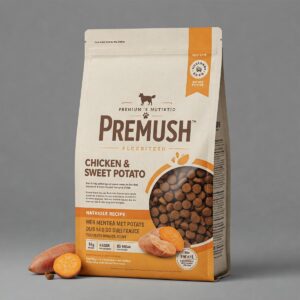 Bag of premium dog food featuring chicken and sweet potato recipe.