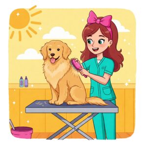 A female groomer is brushing a happy golden retriever on a grooming table under the sun, representing basic dog grooming prices for large breeds.