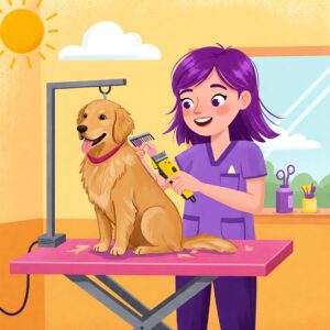  A female groomer with purple hair uses electric clippers and a comb on a golden retriever indoors, highlighting dog grooming prices for full grooming packages.