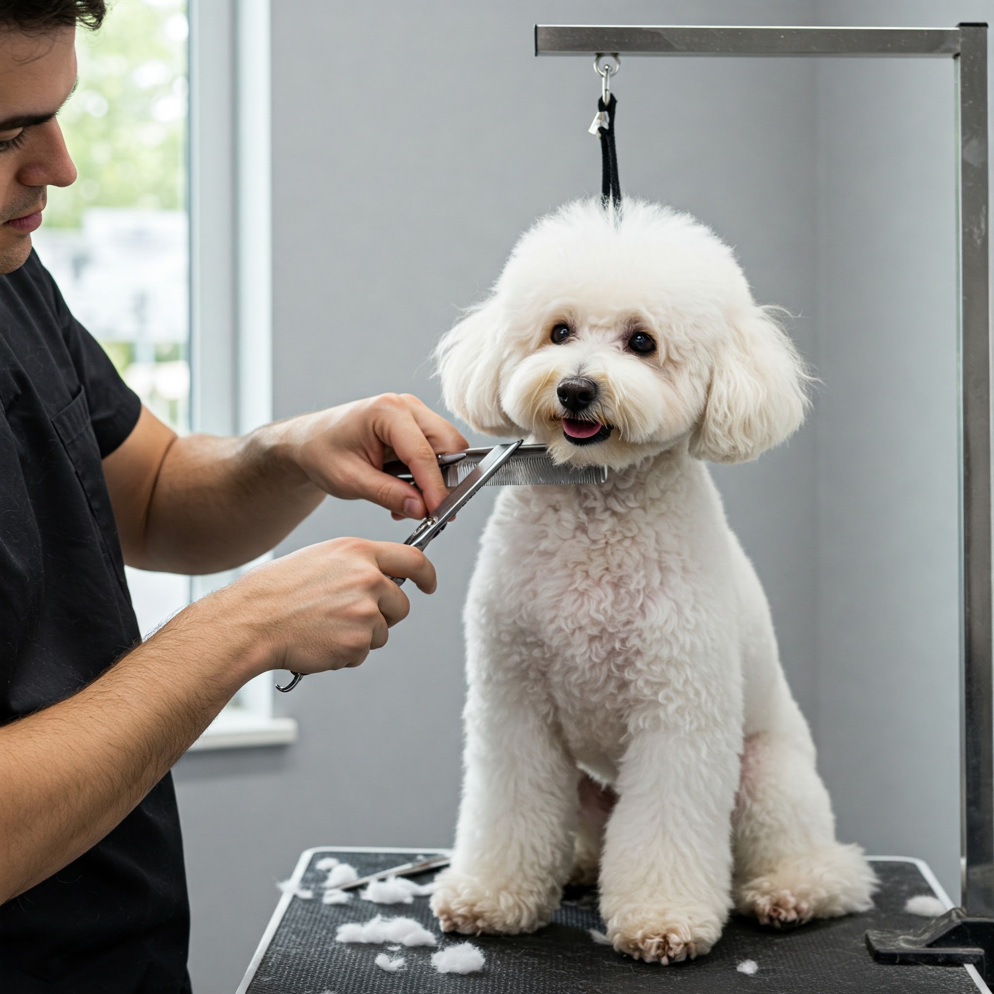 A realistic photo of a groomer trimming a white poodle’s fur with scissors on a professional grooming table, representing real-life dog grooming prices for styling services.
