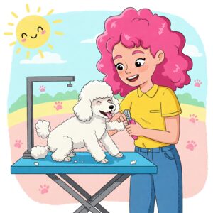 A cheerful groomer with pink hair trims a white poodle's nails outdoors, illustrating dog grooming prices for nail care services.