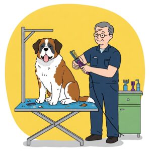 A male groomer trims a Saint Bernard's fur on a grooming table, showcasing dog grooming prices for heavy-coated breeds.