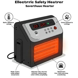 Infographic showing features of an electric dog house heater including safety mechanisms and temperature control for pets. 