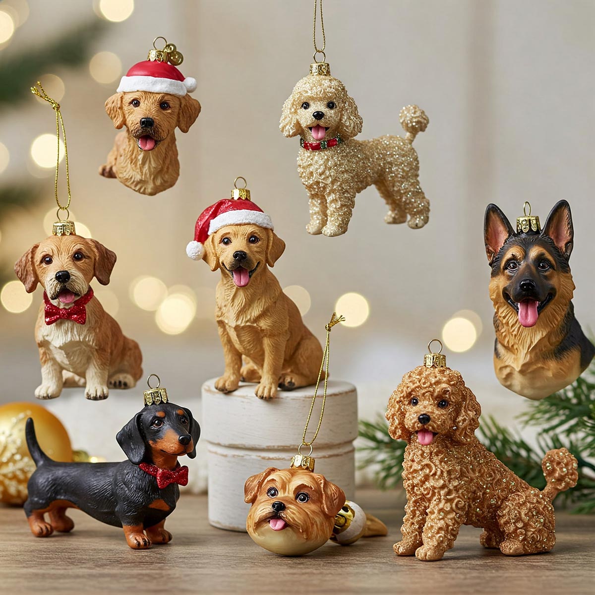 A charming collection of various dog ornaments, perfect for pet lovers and holiday decorating.