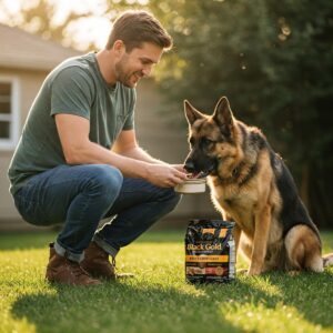 A caring dog owner feeding their beloved pet Black Gold dog food, highlighting the bond and the choice for quality nutrition.