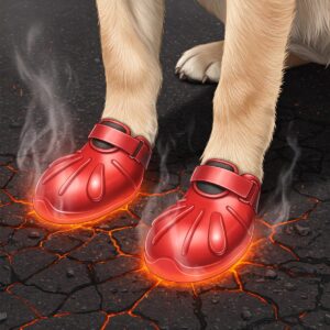 Close-up illustration of dog paws wearing protective shoes on scorching hot pavement.