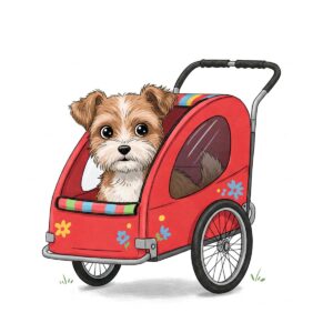 Illustration showing two different breed dogs comfortably sitting in a bike trailer.