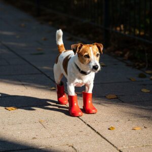 Happy golden retriever wearing durable dog shoes for hot pavement, protecting its paws from the heat.