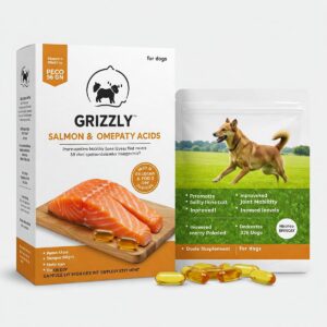 Product packaging of grizzly salmon plus omega fatty acids food supplement for dogs.