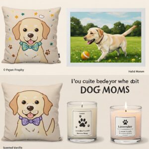 Illustration featuring various dog-themed home decor items like a throw pillow, wall art, and a candle, perfect dog mom gifts for the home.