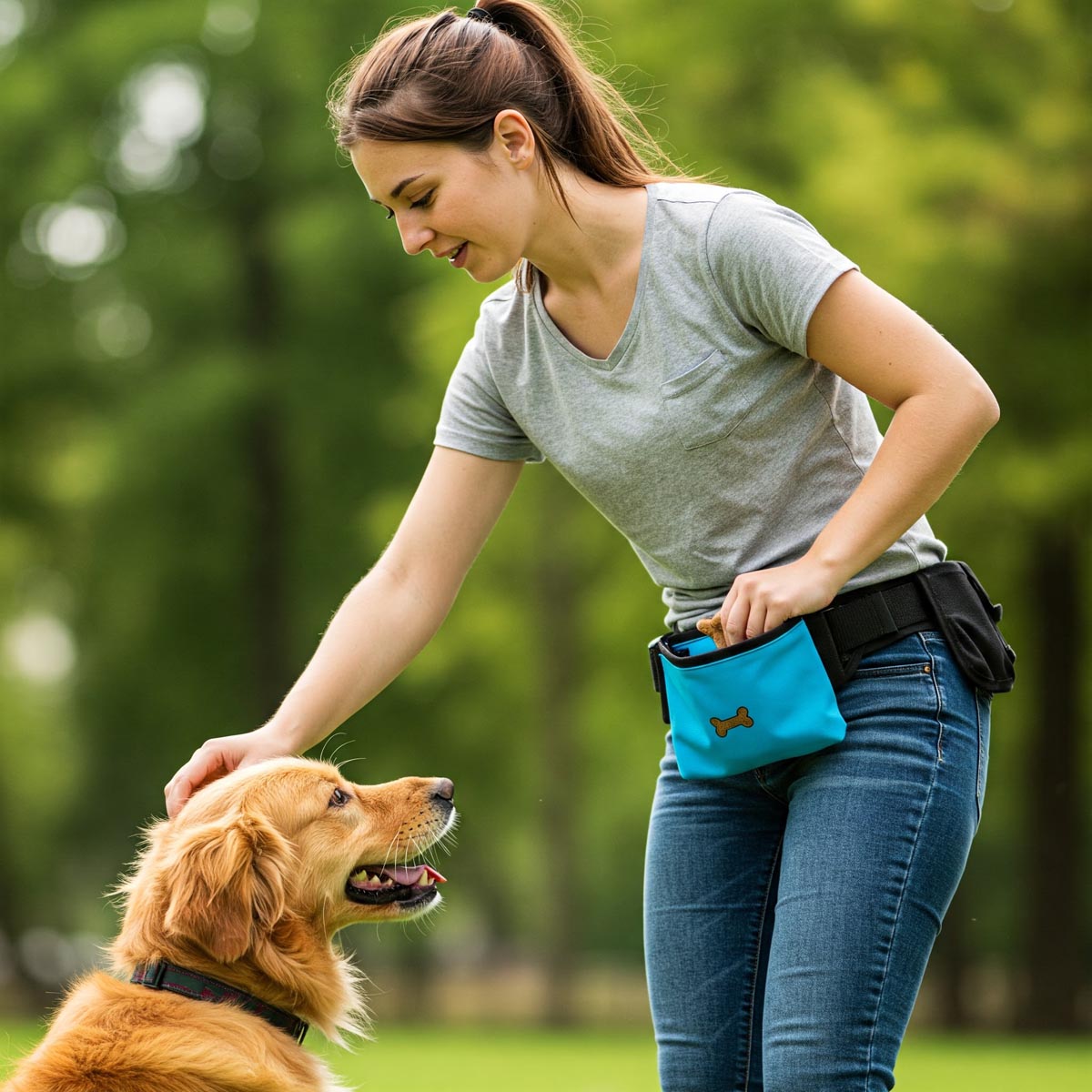 A person reaching into a blue dog treat pouch clipped to their belt during a dog training session.