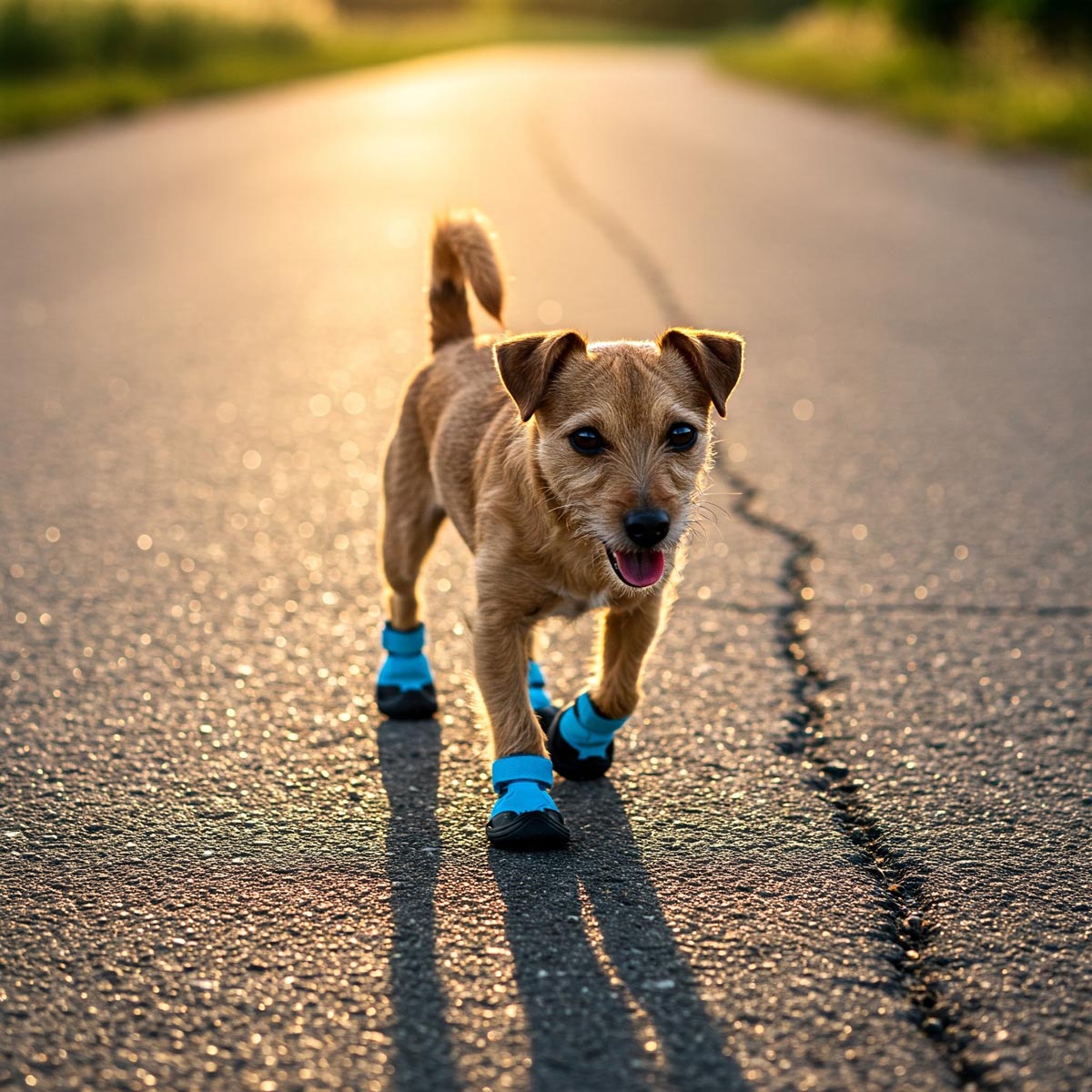 Small terrier confidently walking on hot asphalt wearing comfortable dog shoes.