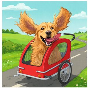 Illustration depicting a dog with its ears flapping in the wind while riding in a bike trailer.