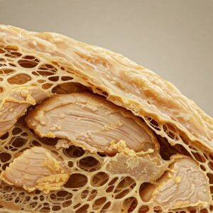 Close-up of freeze-dried chicken dog treats showing fibrous meat texture and natural connective tissue. 