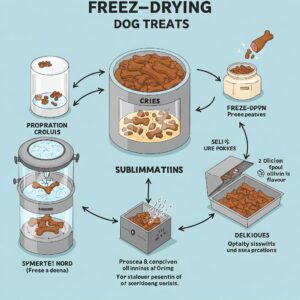 Diagram illustrating the freeze-drying process for dog treats, from raw meat to the final preserved product. 