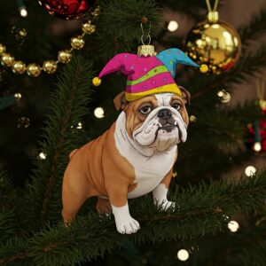 Humorous illustration of a bulldog ornament wearing a silly hat, adding a touch of fun to any display.