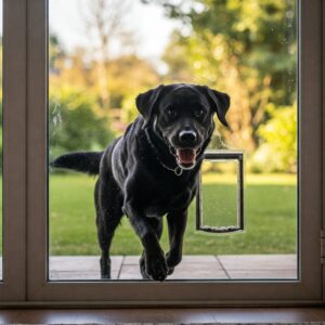 A black Labrador is entering through a glass door with a dog door, looking happy and playful.
