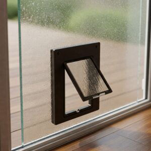 A close-up view of a dog door installed in a glass door with raindrops on the surface.